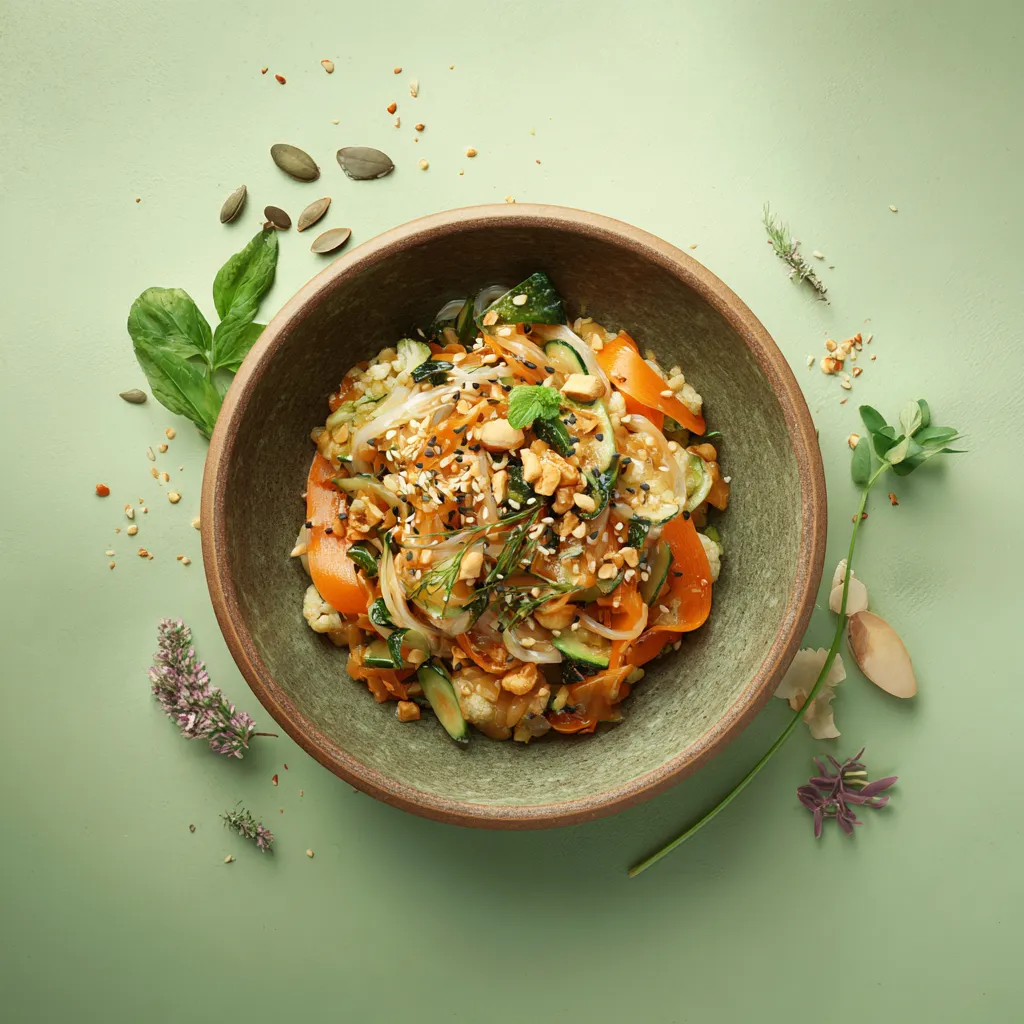 Bobun à l'émincé végé, nouilles de riz, carottes, courgette, chou fleur sauce soja