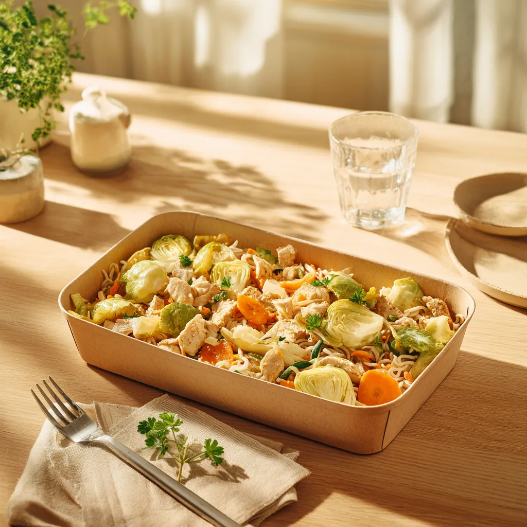 Bobun au poulet, nouilles de riz, carottes, courgette, chou fleur sauce soja