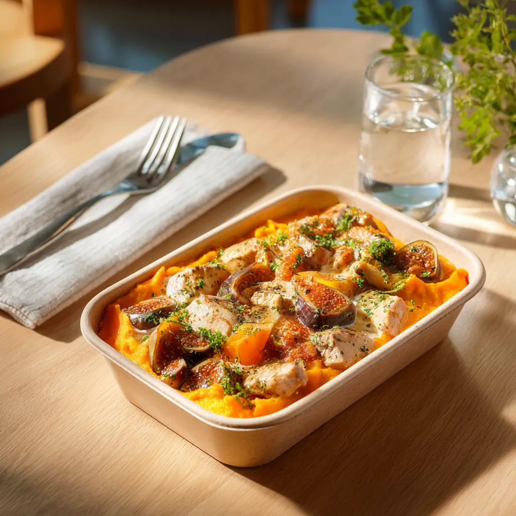 [7493] Emincé de dinde aux figues et au poivre fruits des bois, purée de Butternut