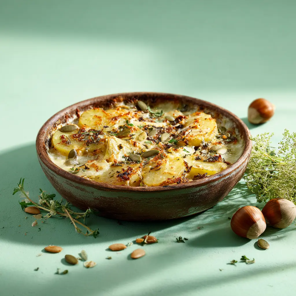 Emincé végé à la forestière, gratin de pommes de terre aux châtaignes