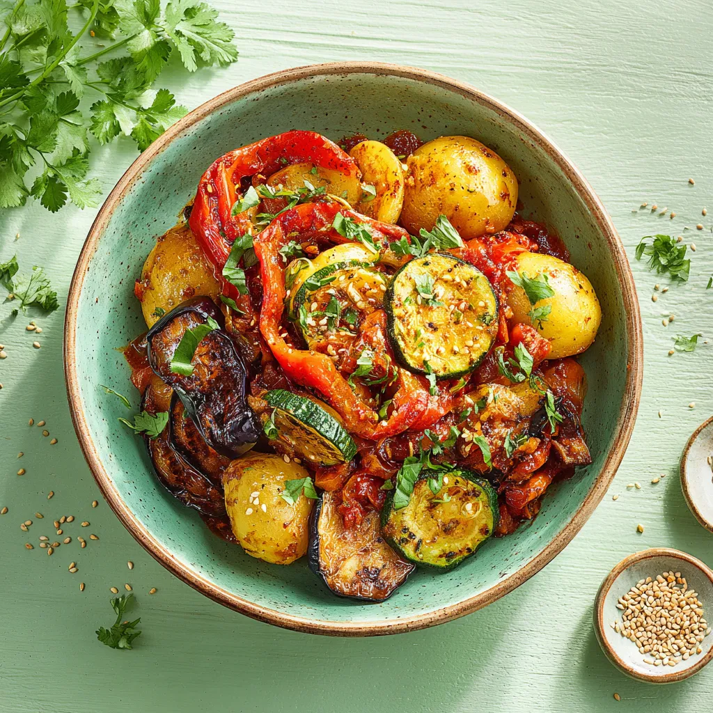 Emincé végé à la provençale, pomme de terre persillé et légumes du soleil