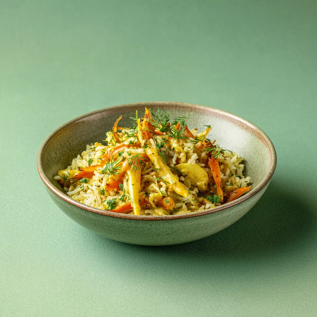 Émincée végétale(pois,blé) sauce aux deux moutardes, riz pilaf