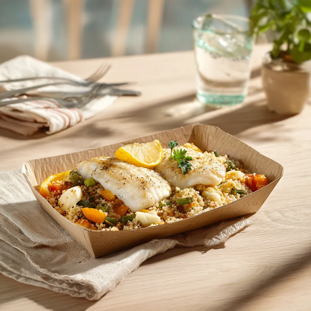 Filet de poisson au citron confit, pilaf aux 3 céréales(millet, orges, sarrasin) et légumes verts