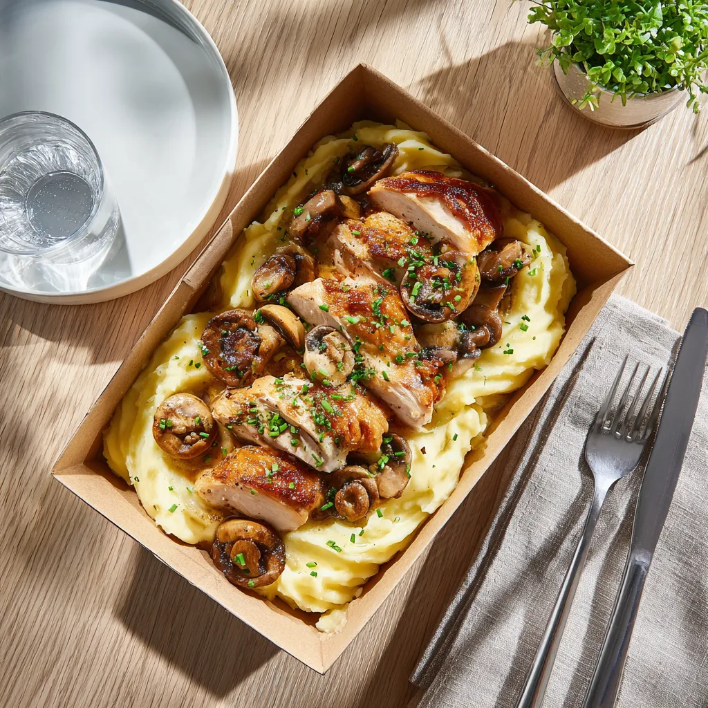 [1928] Filet de poulet rôti, poêlée de champignons et purée de pommes de terre à la ciboulette