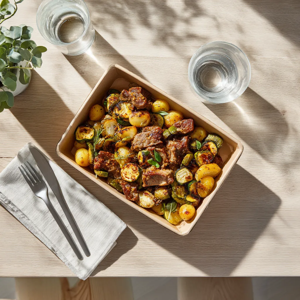 Filet mignon de porc à la moutarde à l'ancienne, Pomme de terre grenailles et courgettes confites