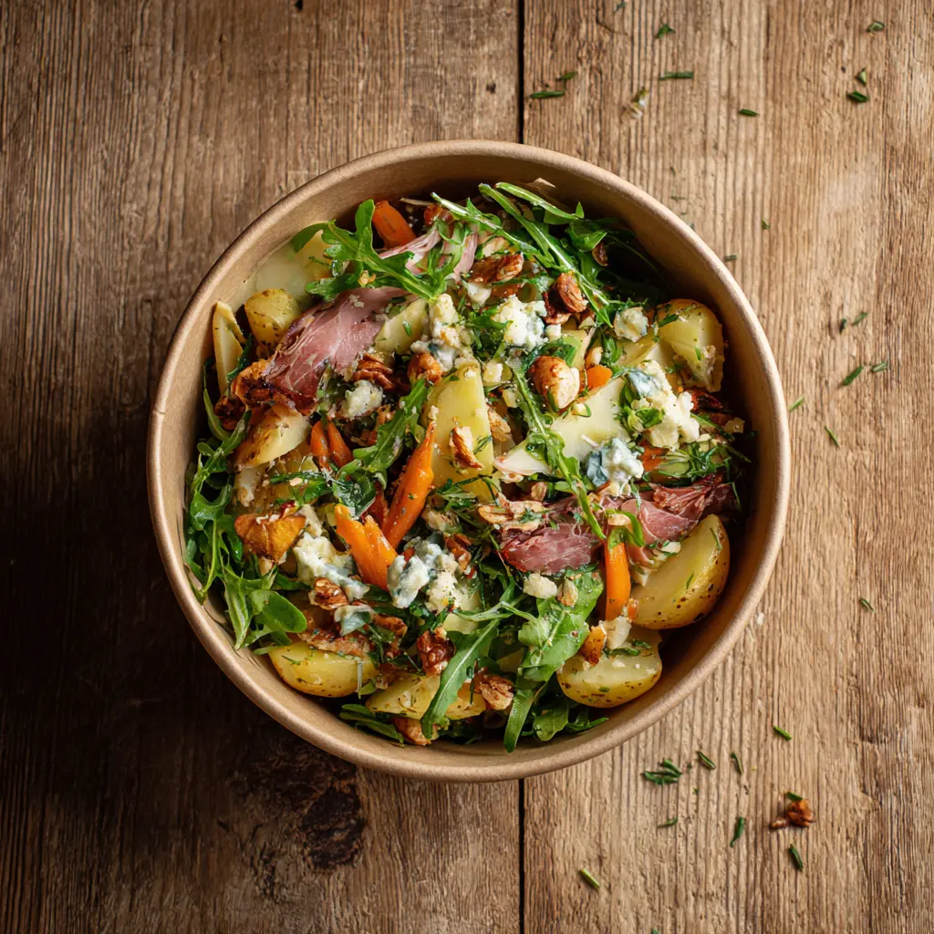 [5985] Fraich'Bol Aveyronnais (pommes de terre,magret de canard fumé, cèleri rave, carottes, bleu, noix), vinaigrette nature