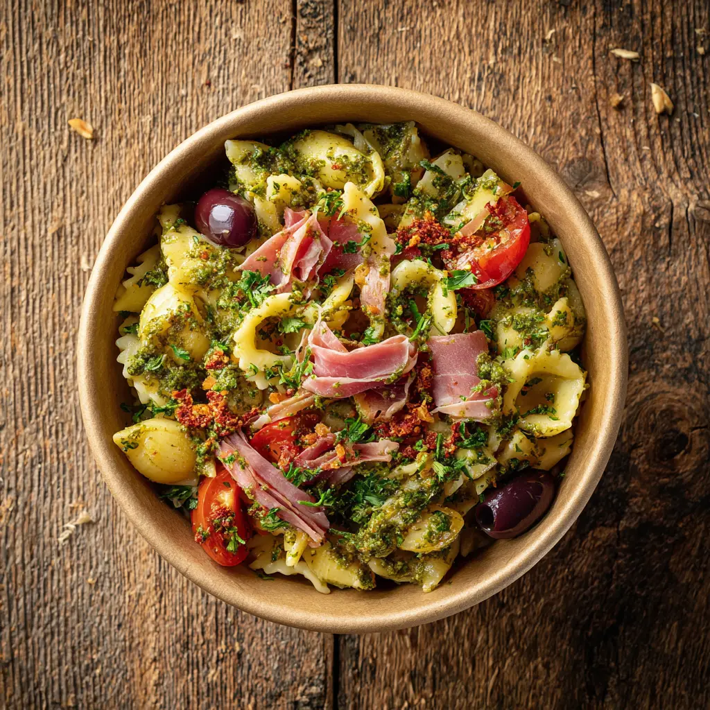 [5986] Fraich'Bol Basque (Farfalles, jambon de Bayonne, tomates, piquillos, Ossau-Iraty, olives noires), pesto Rosso (piment d'Espelette)