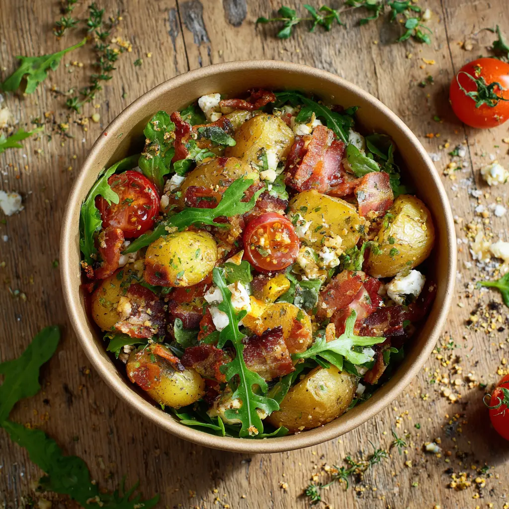 Fraich'Bol Breizh Gourmand : Pommes de terre rôties, bacon croustillant, tomates cerises, roquette, fromage de chèvre, vinaigrette au cidre et moutarde douce.