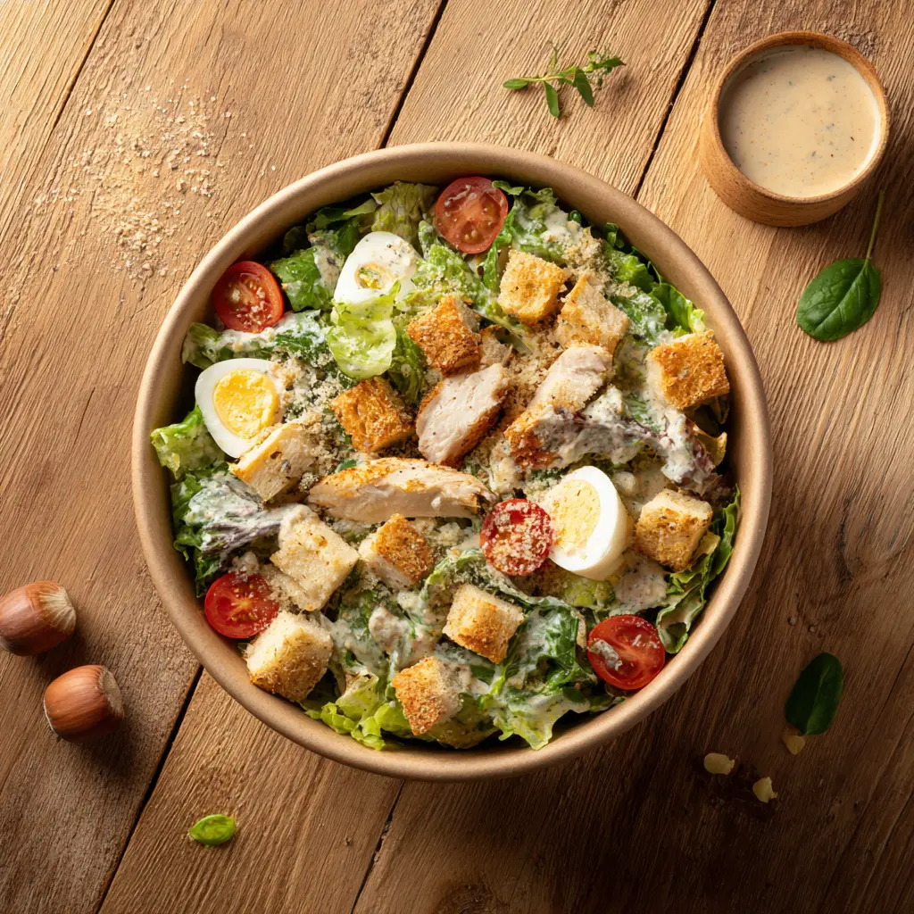 Fraich'Bol Caésar (poulet, laitue, croutons, tomates, oeuf mollet, parmesan), sauce Caesar