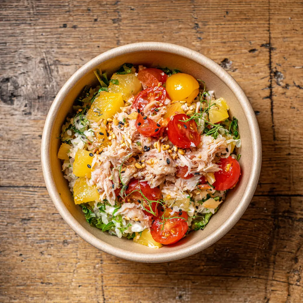 [3434] Fraich'Bol Exotique au thon (riz, thon, ananas, salade, tomates), vinaigrette passion