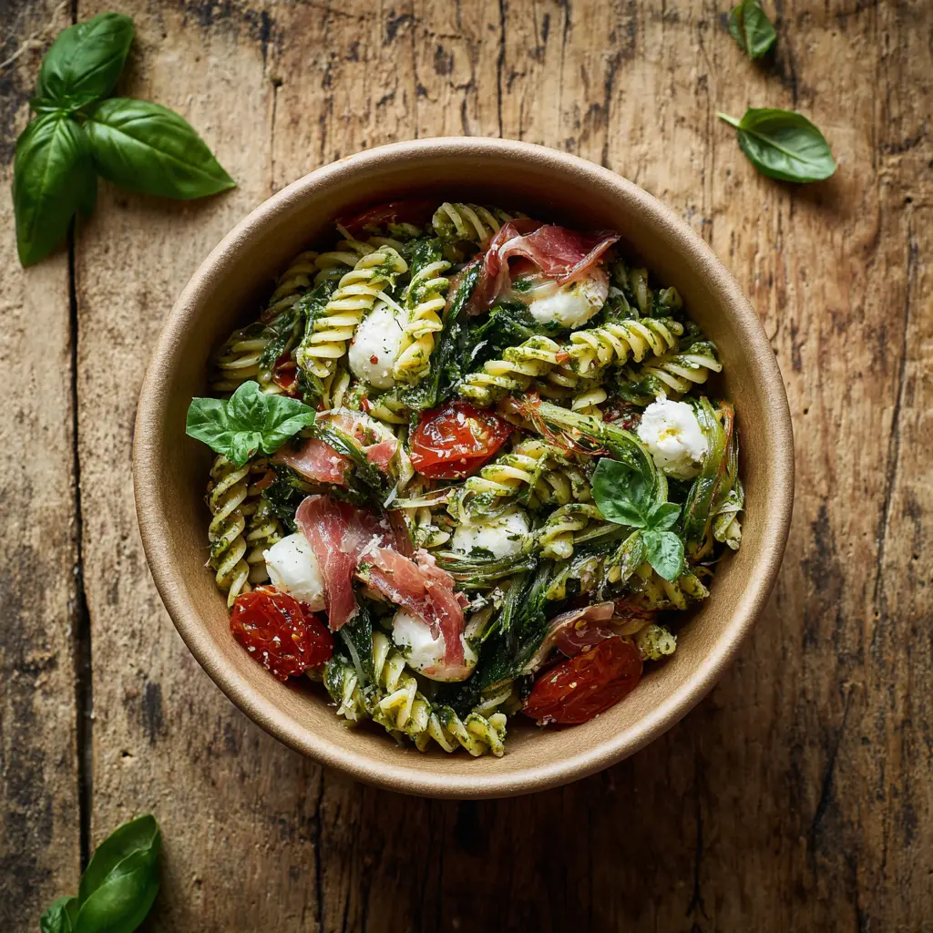 [4323] Fraich'Bol Italien (Fusilli épinard tomate, mozzarella, speck, tomates, basilic), vinaigrette balsamique
