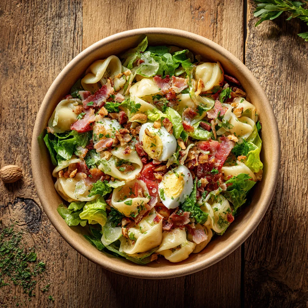 [4634] Fraich'Bol Lyonnais (Mini Serpentini, salade, tomate, lardon, croûtons, œuf poché), vinaigrette oignon persil BIS
