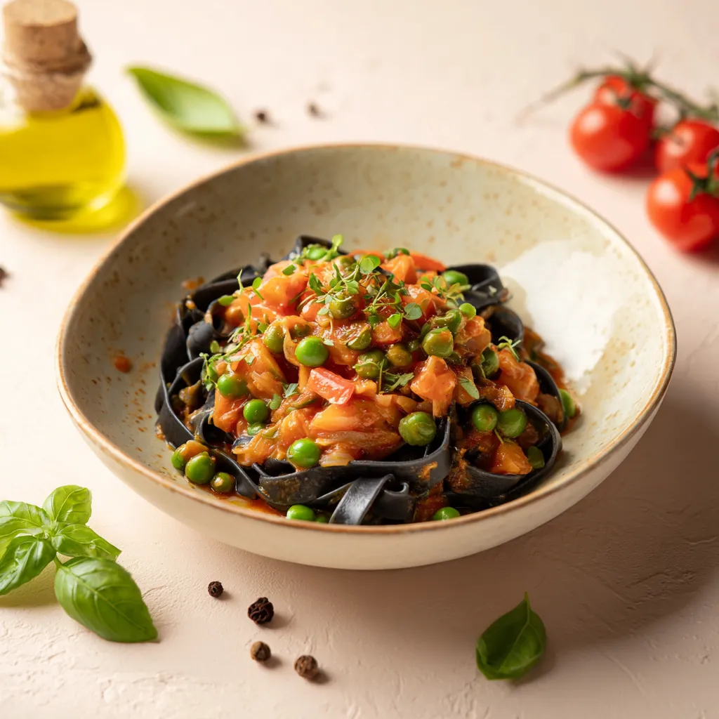 Fricassée végé (pois, blè) à l'Italienne, Tagliatelles à l'encre de seiche