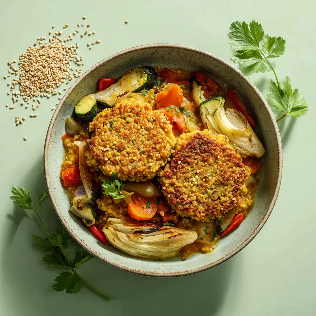 [5874] Galette boulgour et lentille corail, fenouil étuvé et poélée de légumes