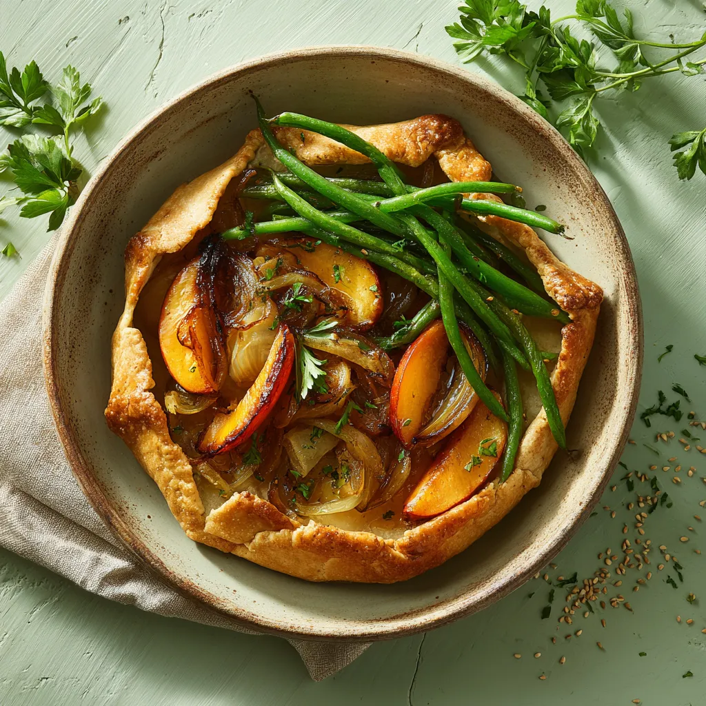 [7335] Galette de blé aux oignons, pêches rôties et poêlée haricots verts à l'ail
