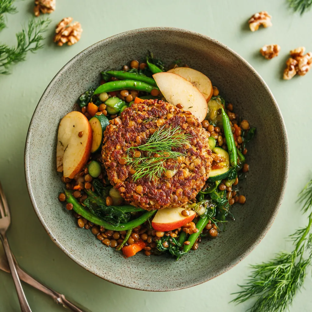 Galette de boulgour et lentille corail à l'aneth, poêlée de légumes verts et pommes vapeur