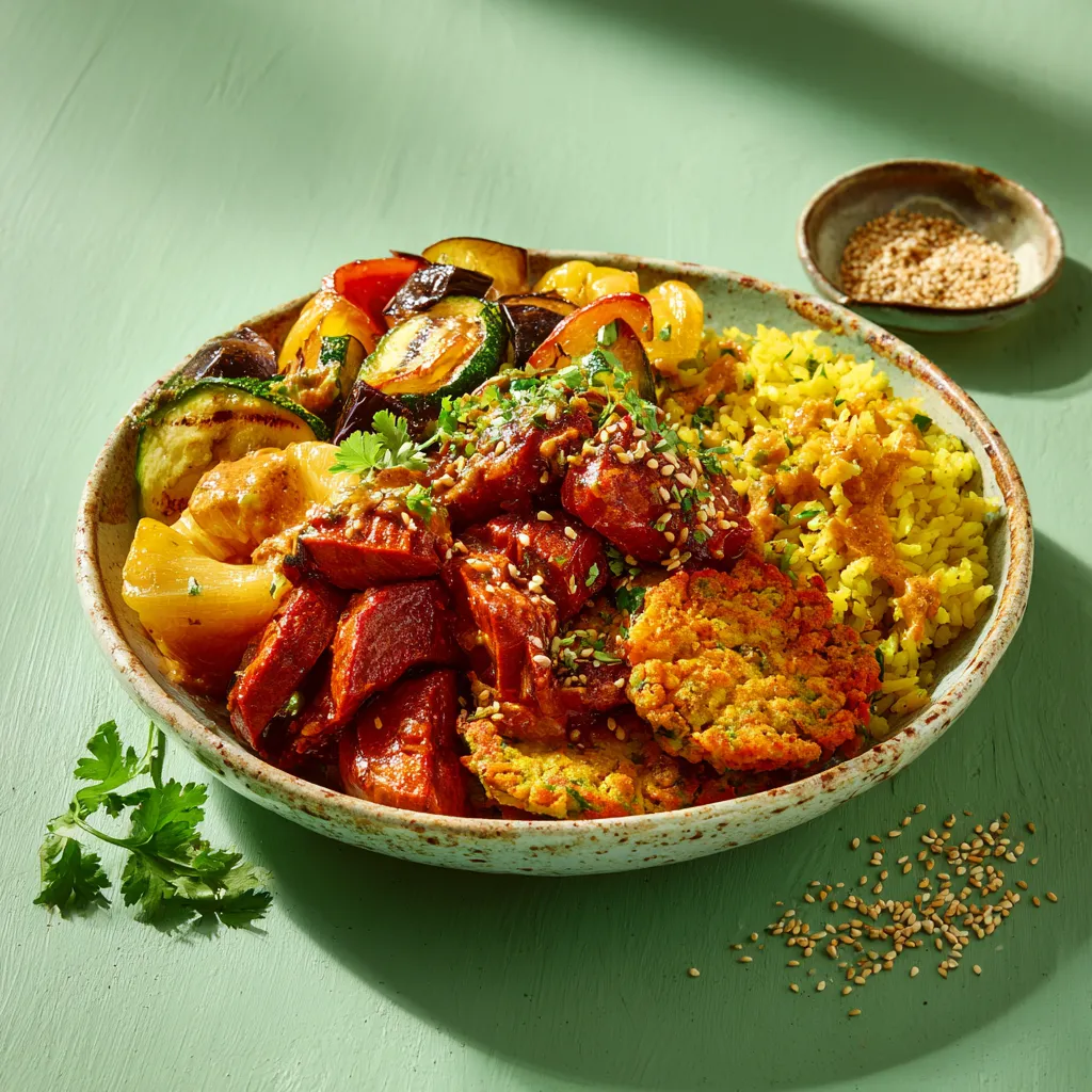 [4382] Galette de boulgour et lentilles corail à l'aneth, légumes et purée de carottes