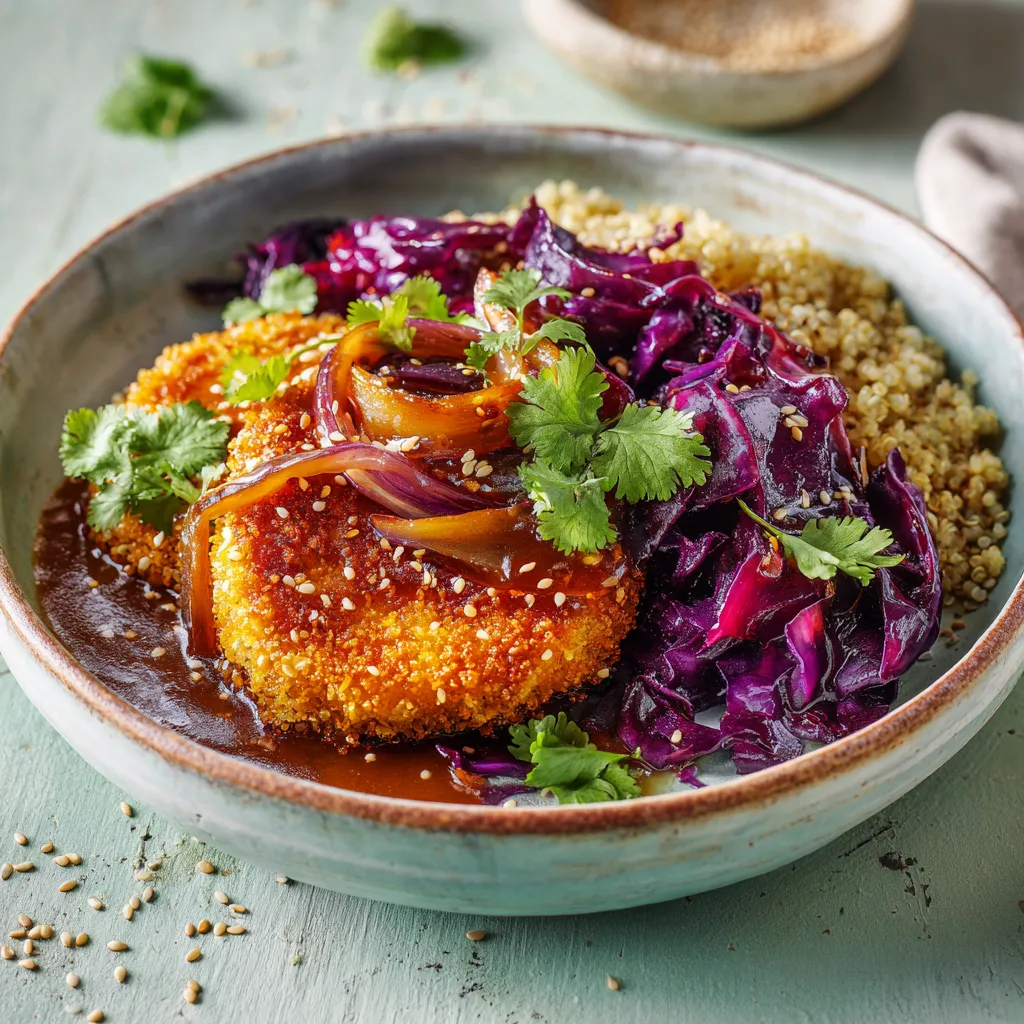 [4591] Pané de blé sauce aux olives, Chou rouge confit et quinoa