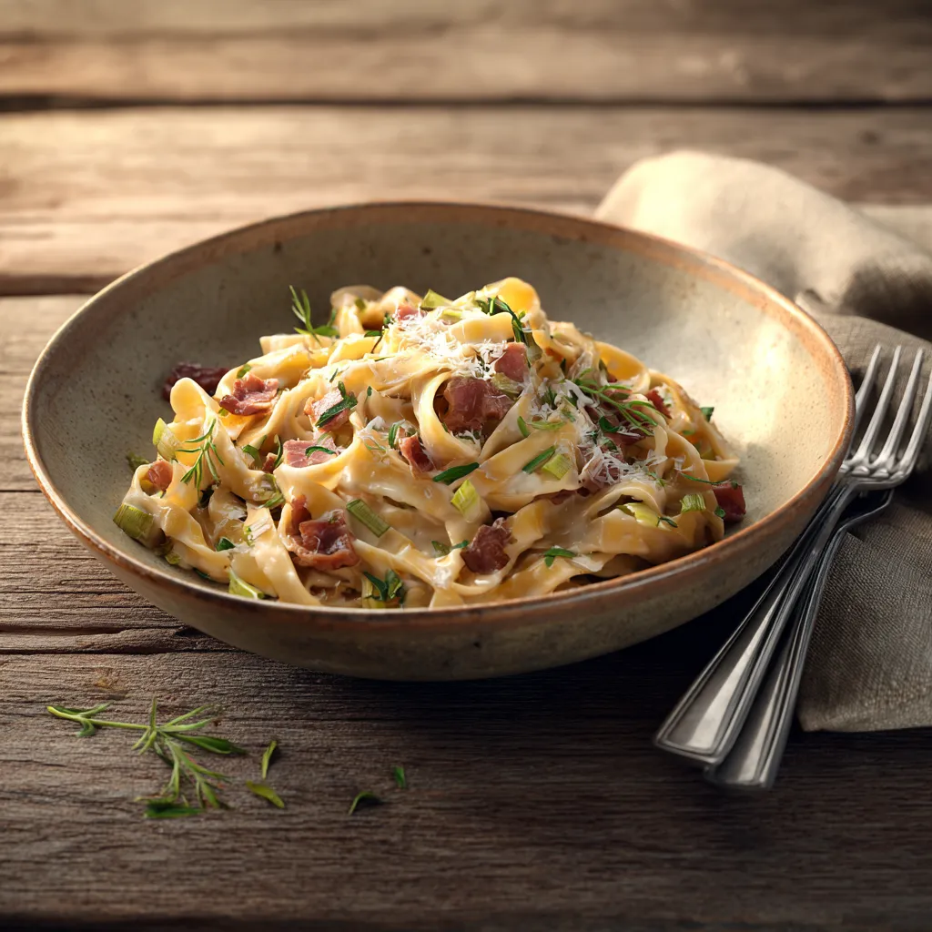 Pastas du jour aux lardons et fondue de poireaux