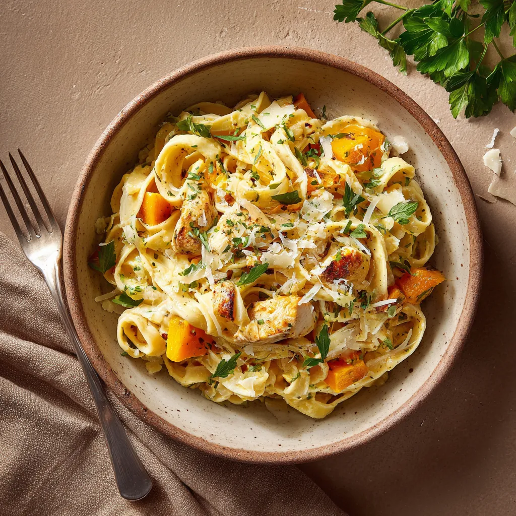 pastas du jour Coquillettes au comté et au butternut et émincé de poulet roti