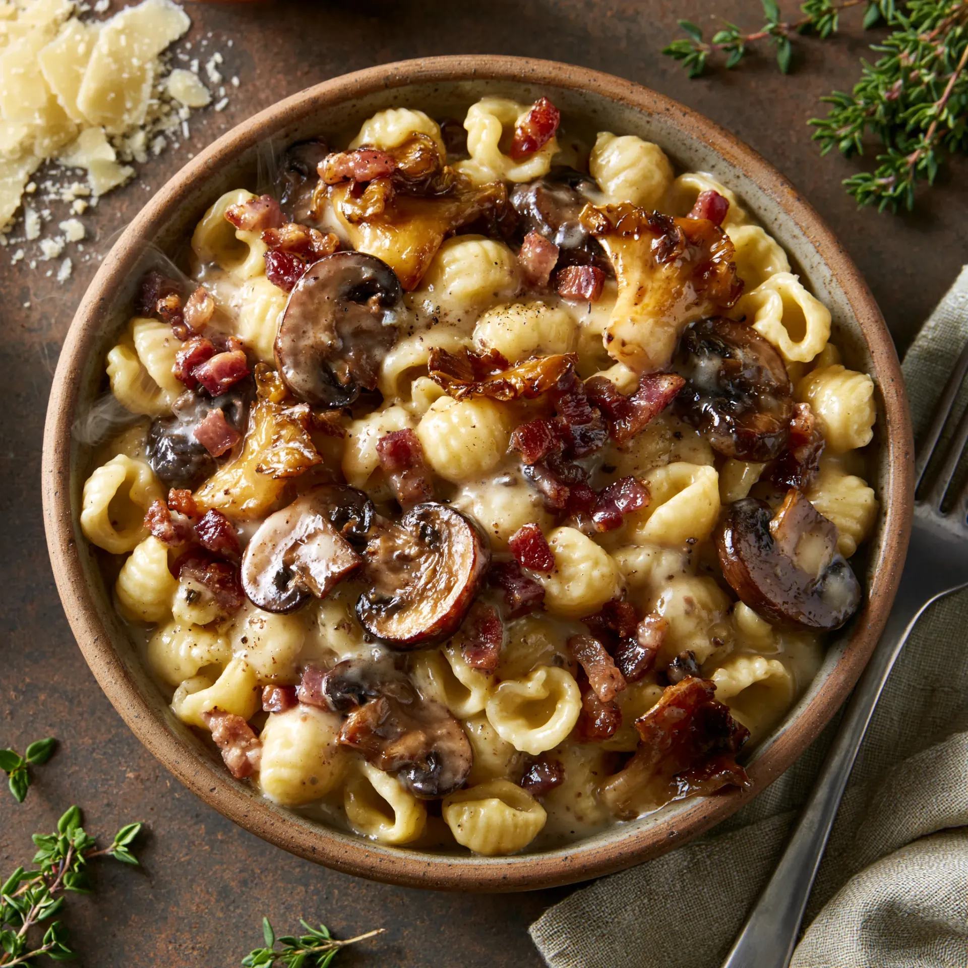 [7203] Pastas du jour coquillettes sauce champignons allumettes fumées