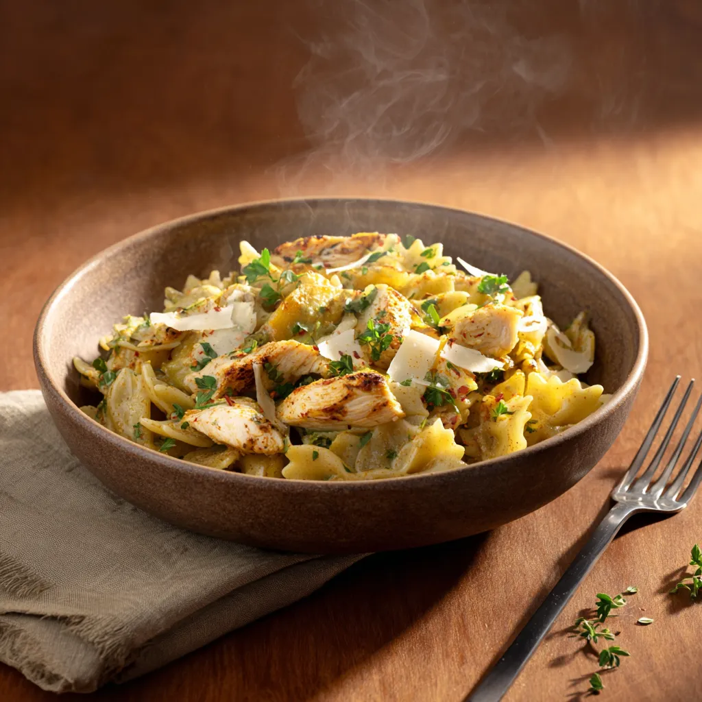 Pastas du jour farfalles au poulet, sauce curry et pommes