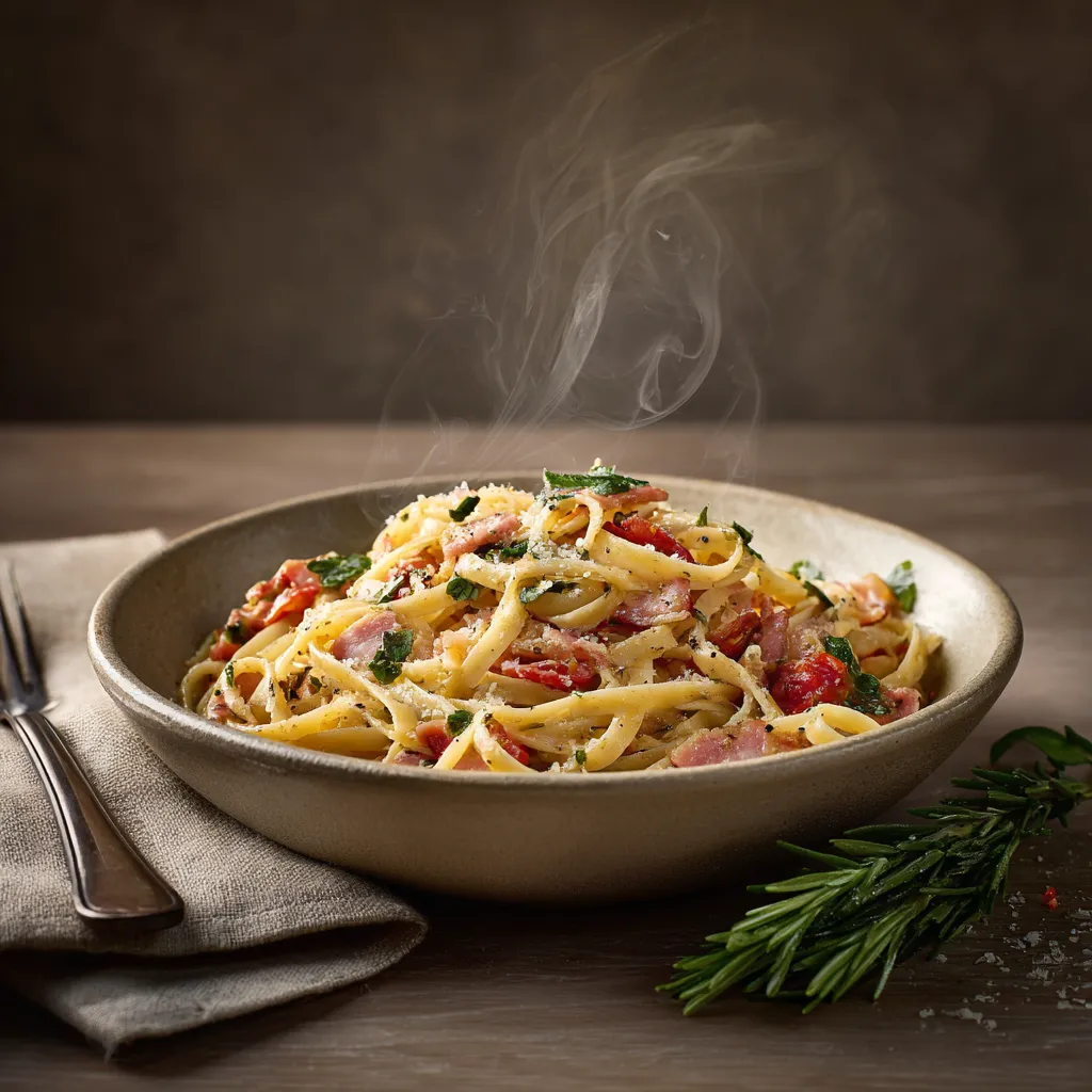 Pastas du jour Liguine à la Toscane (jambon italien,tomates, parmesan, ail, romarin, basilic, piment d'Espelette)