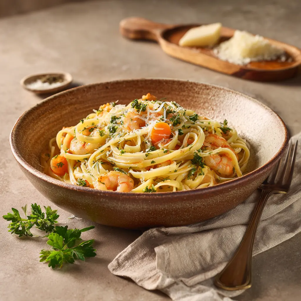 Pastas du jour liguines aux crevettes et petits légumes