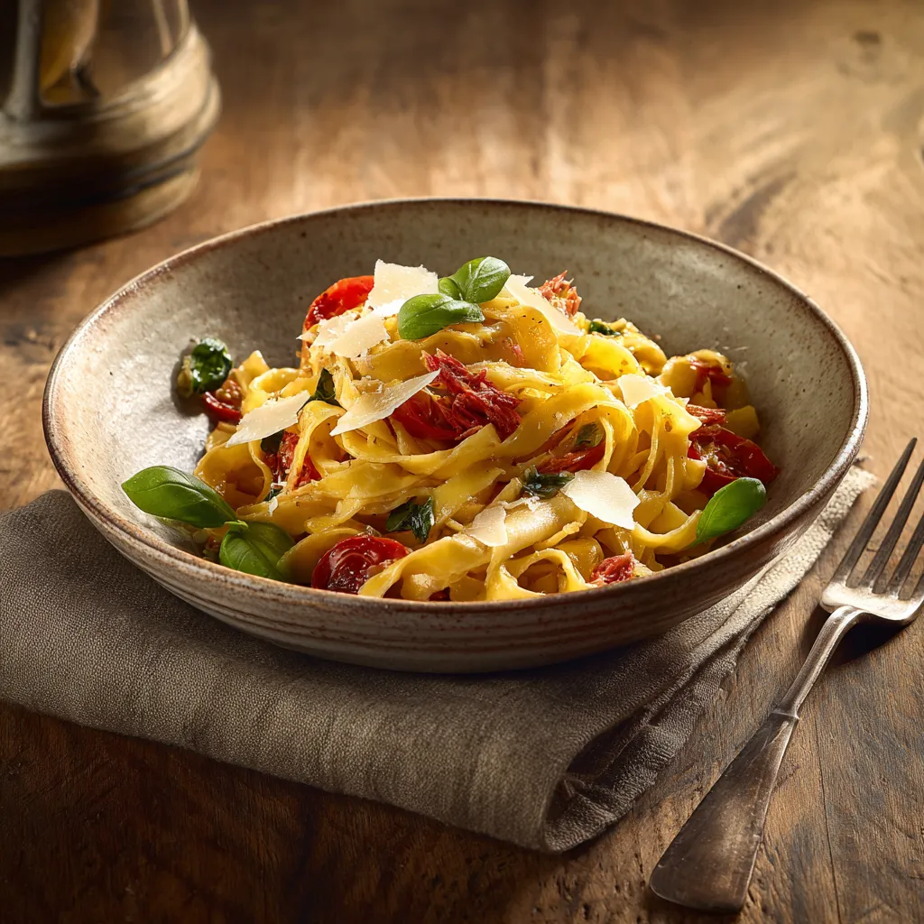 [4602] Pastas du jour Tagliatelle au basilic frais, thon et tomates confites