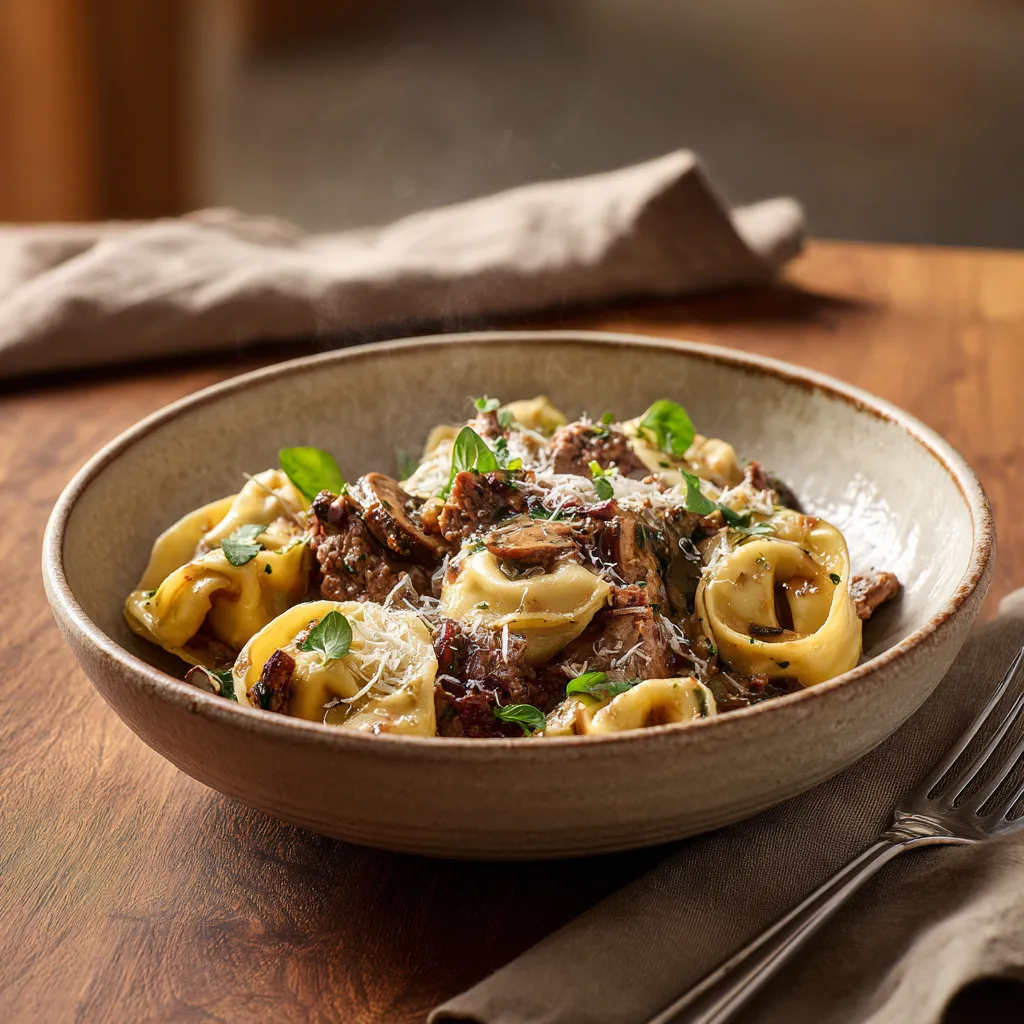 Pastas du jour tortelloni farci au boeuf, Sauce aux champignons et Marsala (vin doux Italien)