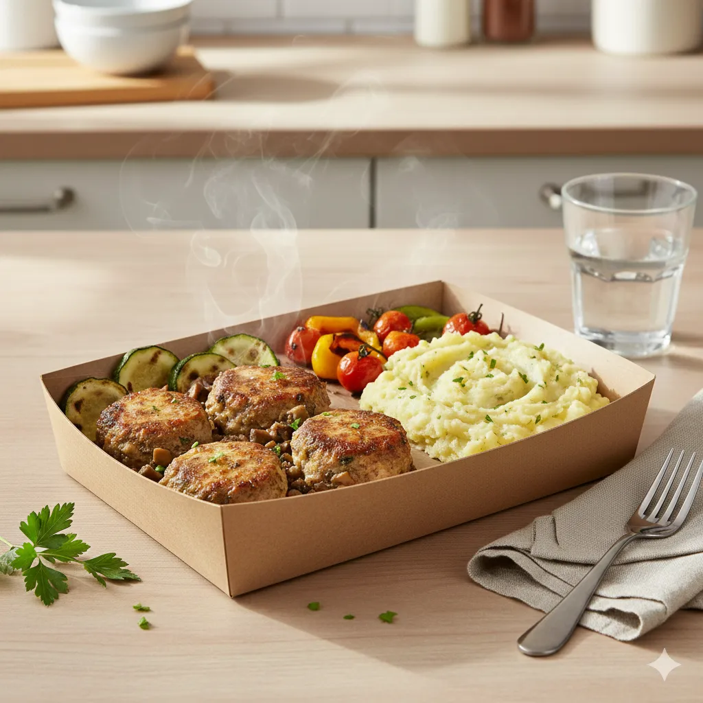 Petit farcis de veau aux champignons, écrasé de pomme de terre et légumes grillés