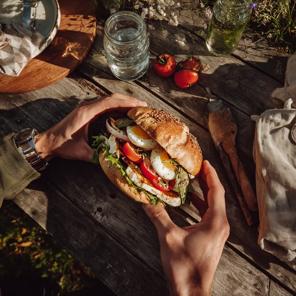 [6892] Pique -Mie "Caesar" (pain bagel, poulet, œuf,  salade, tomates, parmesan, sauce caesar)