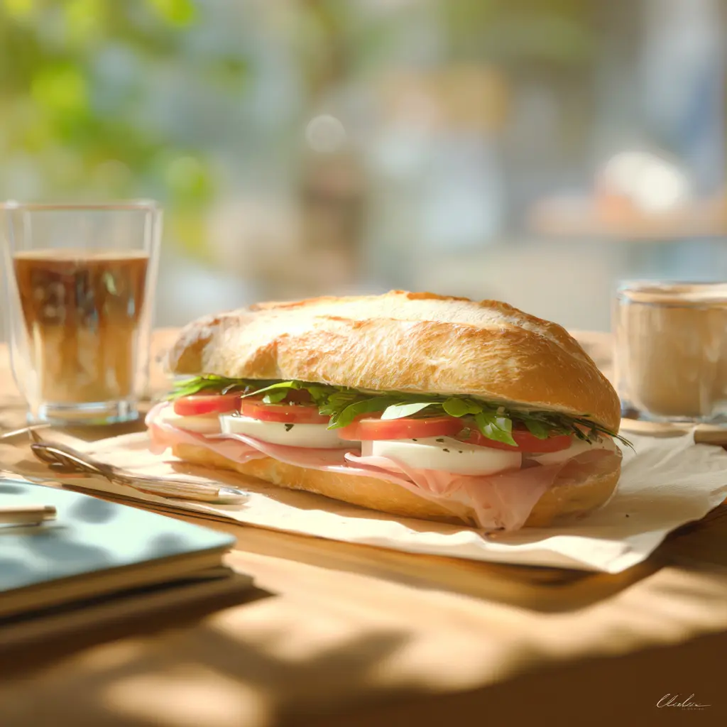 [4657] Pique -Mie "l'Italien"(Baguette sandwich, jambon, mozzarella, pesto, tomates)
