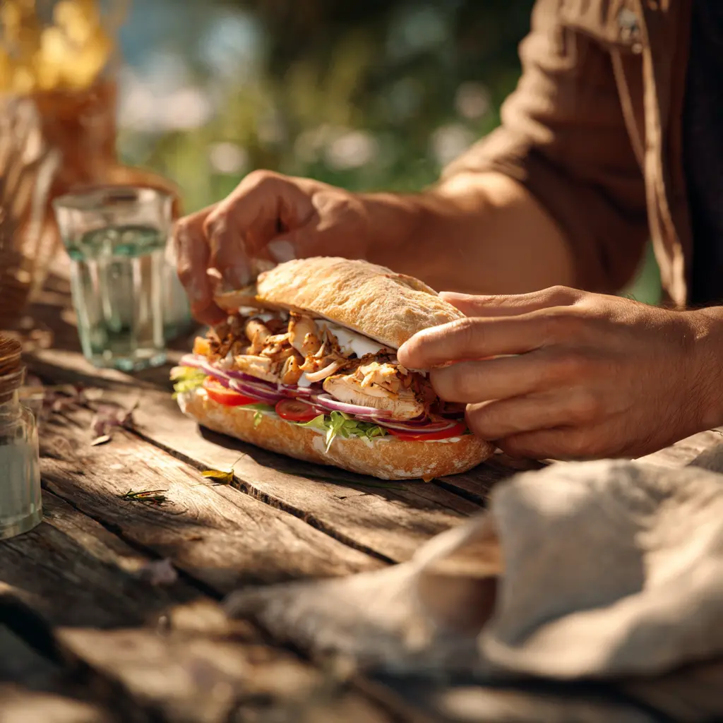 [6164] Pique -Mie "Le Berlinois" (pain kebab, poulet, salade, tomates, oignons, sauce blanche)