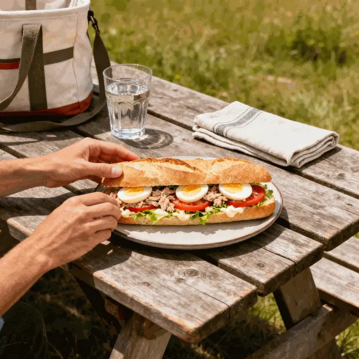 Pique -Mie "Le Complet Thon" (baguette sandwich, oeuf dur, thon, tomate, salade, mayonnaise)