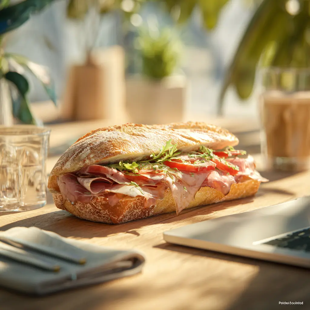 [984] Pique -Mie "Le Provençal" (baguette sandwich, rosbeef, sauce pistou, salade, tomate).