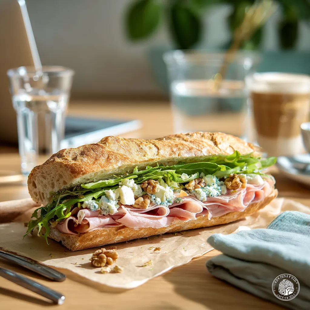 [6154] Pique -Mie "Périgourdin" (pain cereales, jambon de pays, salade, fromage bleu, confit d'oignon, noix)
