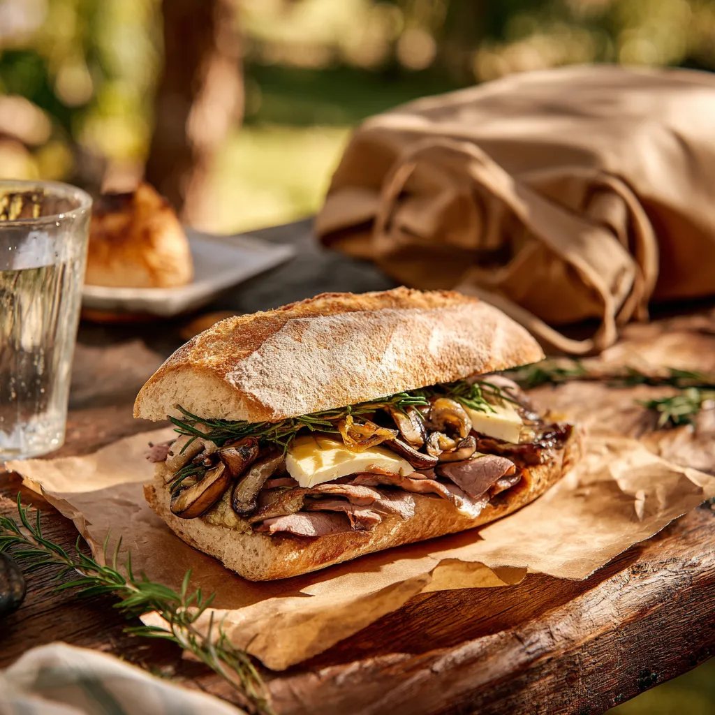 Pique -Mie "Rosbeef" (pain Ciabatta , rôti de bœuf, champignons cuits, oignons cuits, brie, moutarde à l'ancienne)