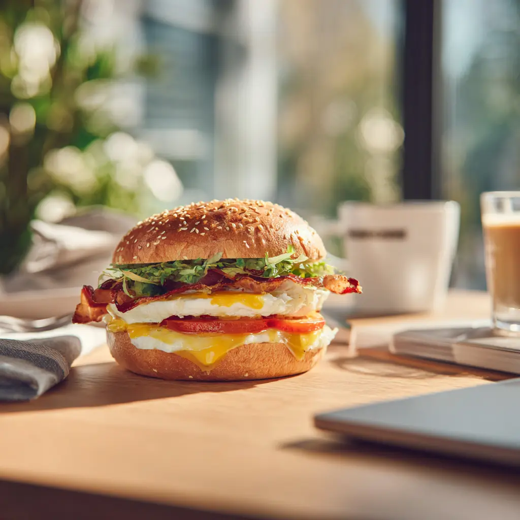 Pique -Mie British (pain sésame bacon œuf tomates salade cheddar sauce anglaise)