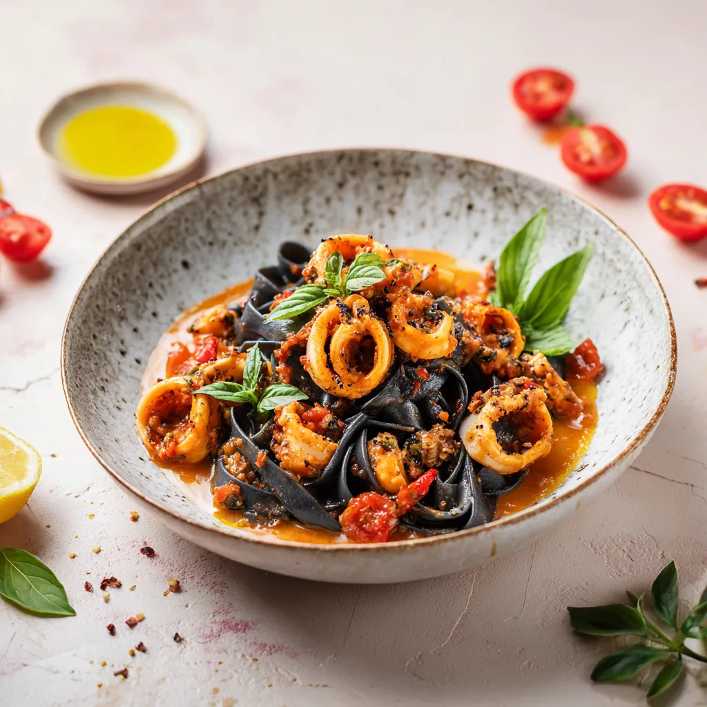 Poisson du jour Calamars à l'Italienne, Tagliatelles à l'encre de seiche