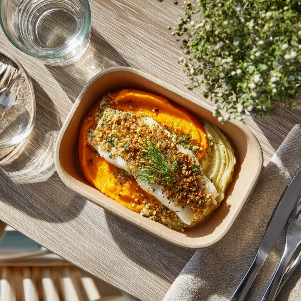 [4076] Poisson du jour et son crumble à l'aneth, purée de carottes