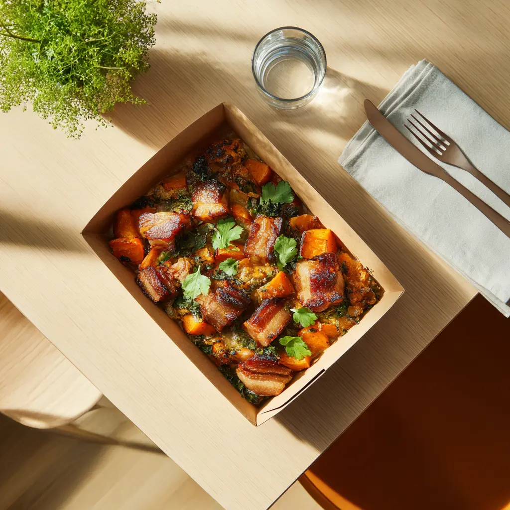 Poitrine de porc laqué au miel, gratin de patates douces et coriandre