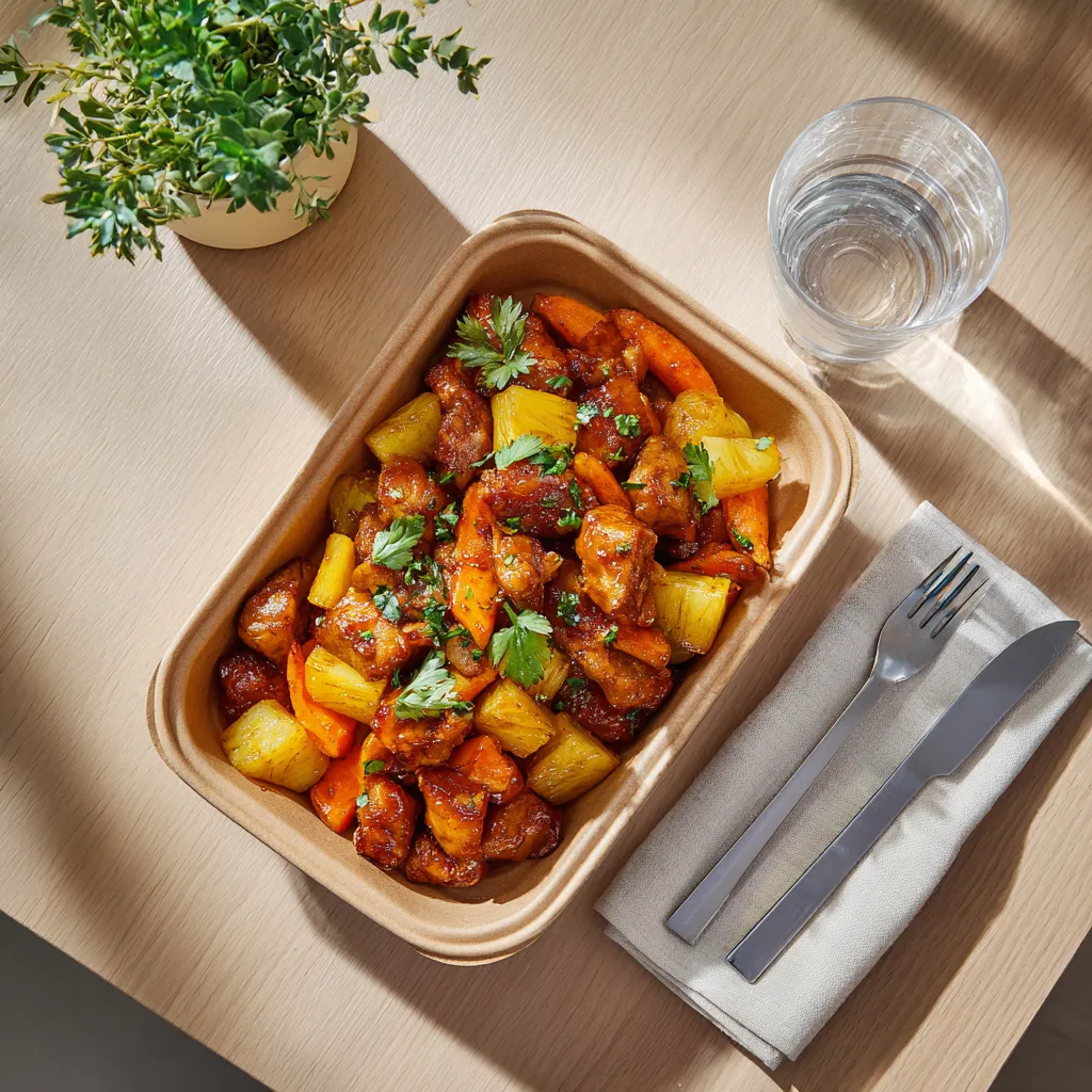 Sauté de porc à l'ananas et colombo, poêlée de carottes au miel et coriandre