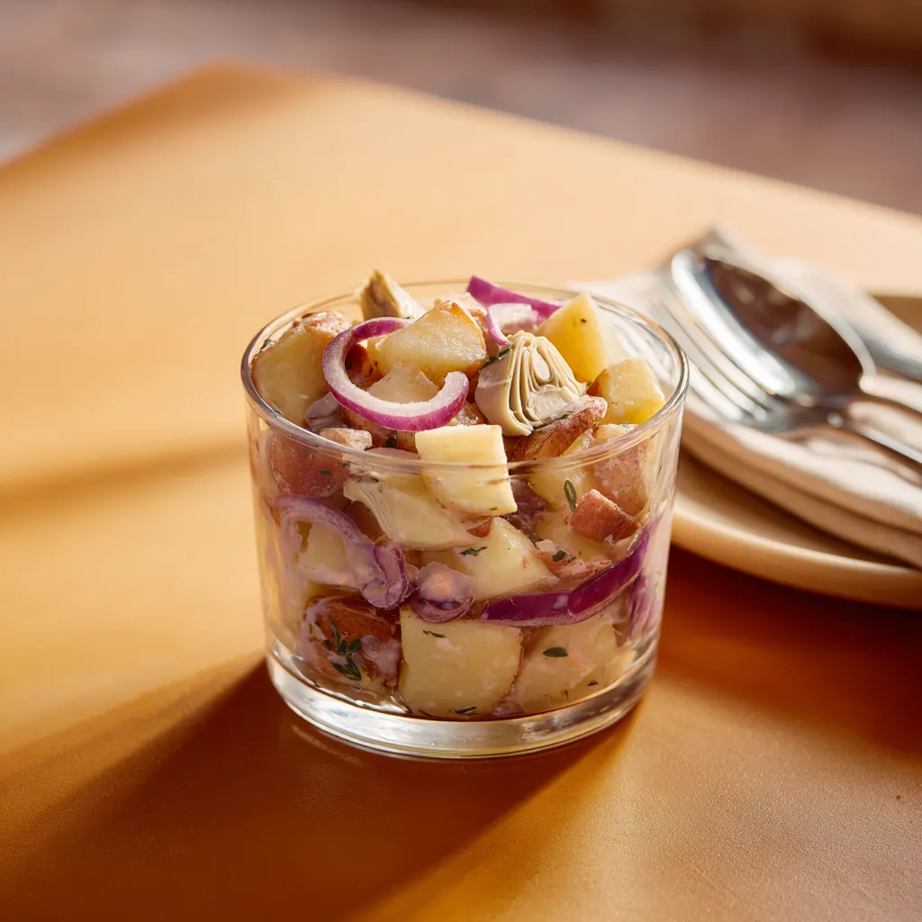 verrine bretonne (Pomme de terre, oignons rouges et artichauts)
