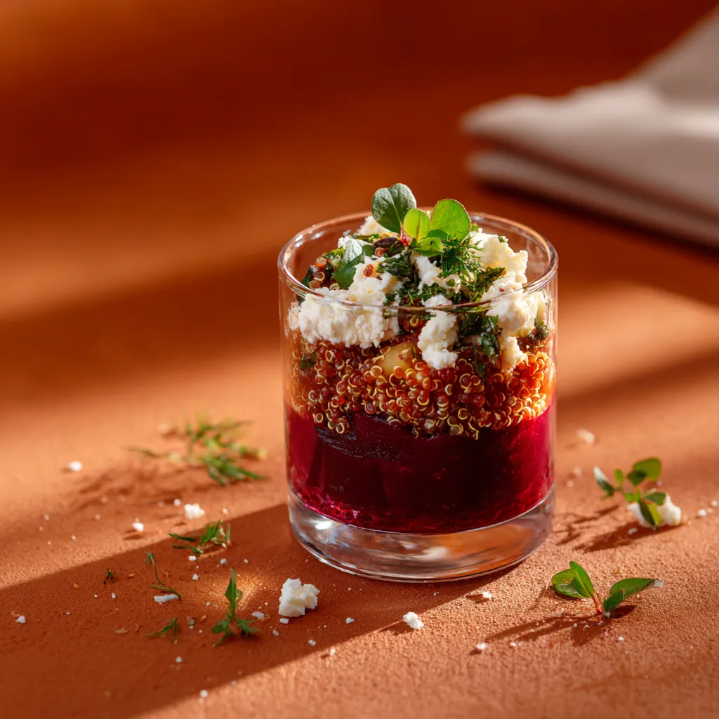 [2837] Verrine de quinoa à la betterave, feta, herbes fraîches et vinaigrette gingembre