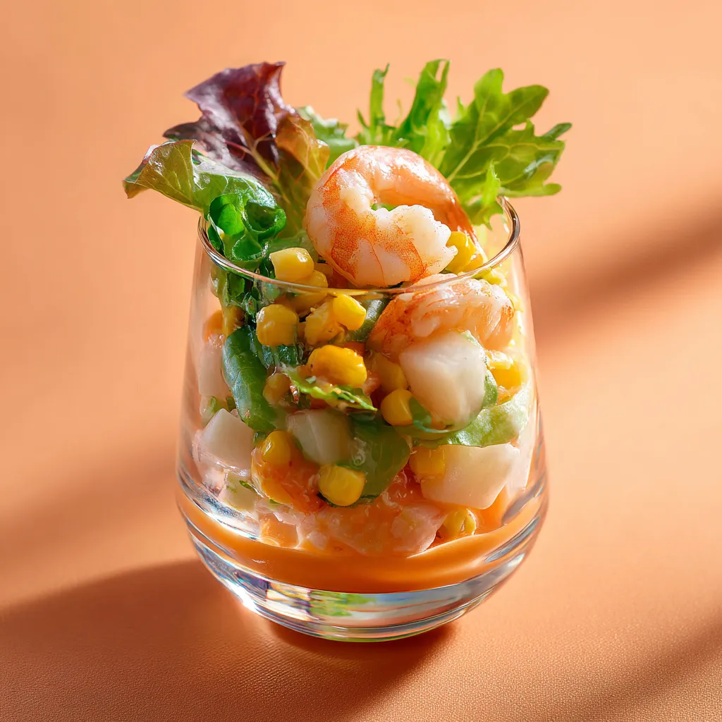 [1145] Verrine Hawaienne (mesclun, ananas, coeur de palmier, maïs, crevettes, sauce cocktail)