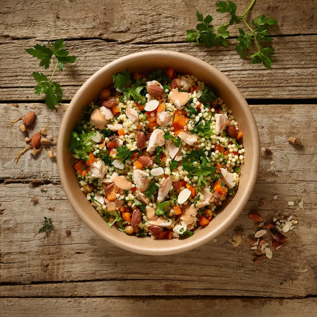 [8023] Fraich'Bol Orientale (semoule, poulet, tomates marinées, carottes, pois chiches, amandes, coriandre), sauce épices